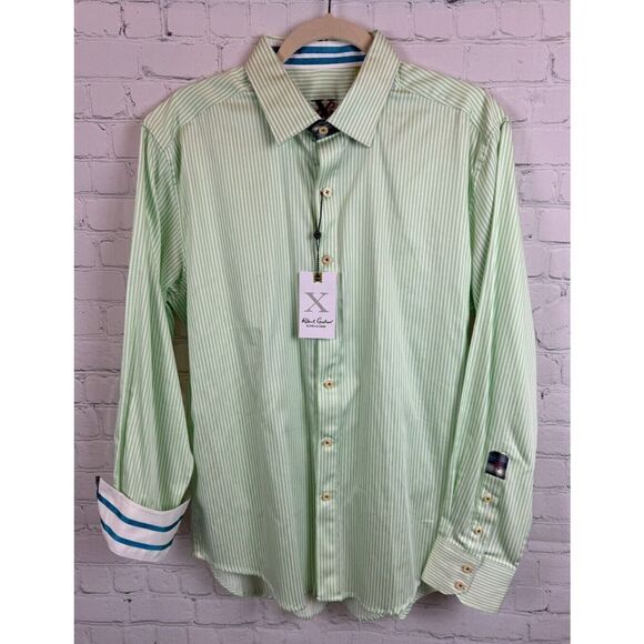 ROBERT GRAHAM white green striped 100% cotton mens dress button down shirt L NWT